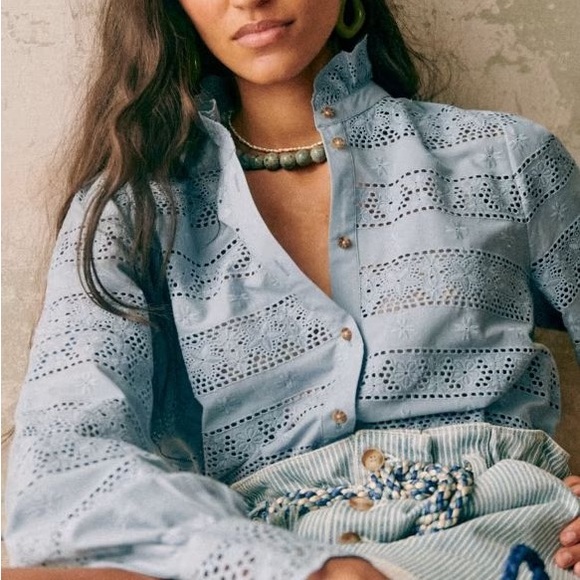 Sezane Tops - Sezane Cassy shirt in vintage blue lace cotton